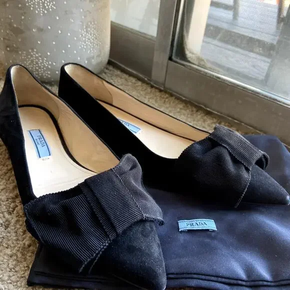 Prada Suede Ballet Flats Grosgrain Bow Pointed Toe Black 5 - Picture 3 of 7